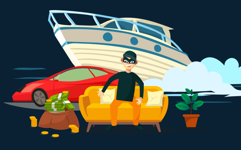 An e-learning image featuring criminal flaunting his wealth earned from money laundering.