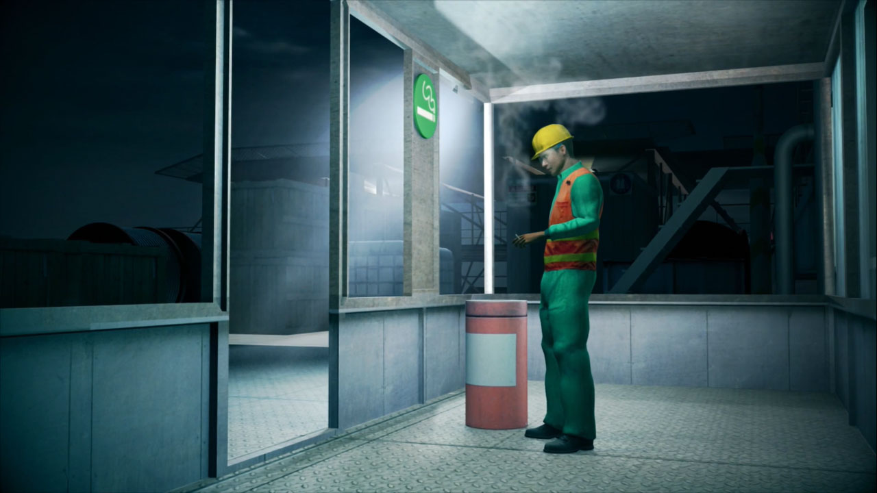 An e-learning image featuring Oil and Gas employee smoking in the designated smoking room in a shipyard.