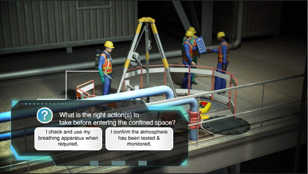 An e-learning knowledge check featuring Oil and Gas employees conducting the best practices