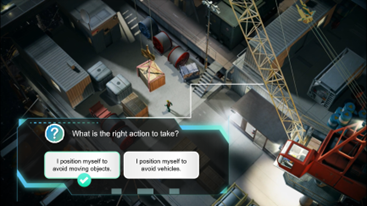 An e-learning knowledge check featuring a crane in a shipyard hanging a box over an oil and gas employee surrounded by shipment containers